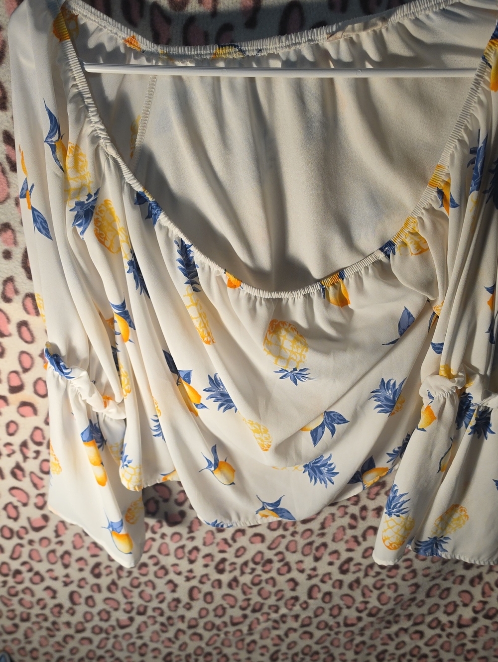 Altar'd State Cream Off-Shoulder Blouse with Yellow Pineapple & Blue Leaf Print